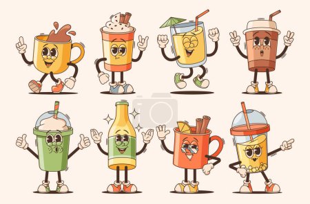 Cartoon Groovy Cups Und Flasche Vibrant Characters. Einzigartige, verspielte Persönlichkeiten verkörpern Spaß und fördern mit ihrem lebendigen, farbenfrohen Auftreten die Flüssigkeitszufuhr. Vector Kaffee, Tee, Limonade oder Cocktail-Set