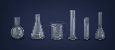 Laboratory Flasks, Vessels Used For Holding, Mixing, Heating, And Measuring Chemical Substances In Various Shapes Like Erlenmeyer, Volumetric, And Florence For Specific Purposes. Vector Illustration