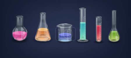Laboratory Flasks with Colorful Liquids. Glass Containers Used For Mixing, Heating, Cooling, And Storing Chemical Solutions. Essential In Scientific Experiments, Vector Set In Various Shapes And Sizes