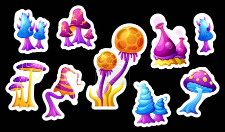 Cartoon Magic Mushrooms Aufkleber Set vorhanden. Vector Fantasy Fairy Fliegenpilze, halluzinogene Pilze, isolierte außerirdische ungewöhnliche Pflanzen mit Rundungen und seltsamen bunten Kappen. Natürliche Giftpflaster