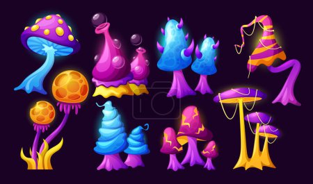 Cartoon Magic Mushrooms Set vorhanden. Vector Fantasy Fairy Fliegenpilze, halluzinogene Pilze, isolierte außerirdische ungewöhnliche Pflanzen mit Rundungen und seltsamen bunten Kappen. Natürliche Giftstoffe im Märchenspiel