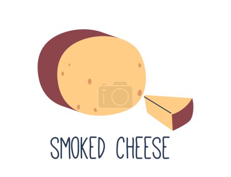 Téléchargez les illustrations : Le fromage fumé est une variété savoureuse infusée d'arômes fumés, obtenue par exposition à la fumée de différents bois. Il ajoute de la profondeur aux plats et aux planches de charcuterie. Illustration vectorielle de bande dessinée - en licence libre de droit