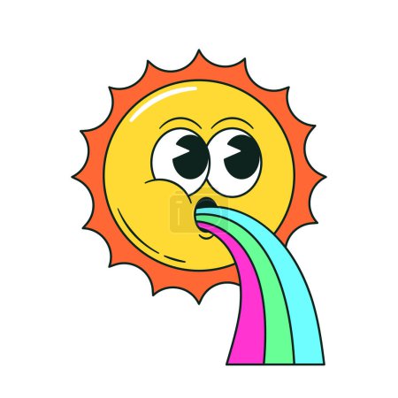 Illustration for Vomiting Sun Psychedelic Sticker Features A Surreal Depiction Of A Sun Vomit Vibrant, Swirling Patterns. Isolated Vector Colorful Cartoon Trippy Vector Illustration, Icon, Patch, Emoji or Decal - Royalty Free Image