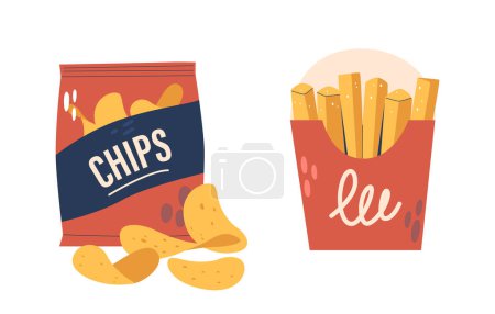 Potato Chips Are Thin, Crispy Seasoned Slices. Fries Are Cut Potatoes, Deep-fried Until Golden, Offering A Soft Interior And Crunchy Exterior. Both Are Popular Snacks. Cartoon Vector Illustration