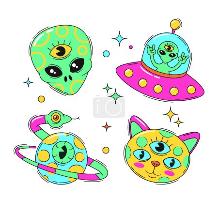 Psychedelische Aufkleber mit lebendigen farbigen Alien-Kopf, Katze mit drei Augen, Planet mit Schlangenring und Ufo-Untertasse. Trickfilm-Vektor Verzwickte surreale Flecken, inspiriert von halluzinogenen Erfahrungen