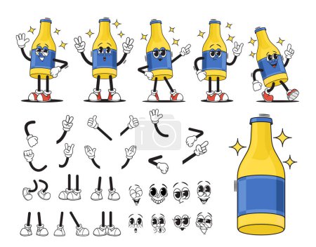 Téléchargez les illustrations : Cartoon Groovy Glass Bottle Drink Character Creation Kit. Collection vectorielle de flacons avec danse et animation animée, émotions du visage, gestes de la main et poses des jambes. Rétro Hippie Alcohol ou Soda Personage - en licence libre de droit