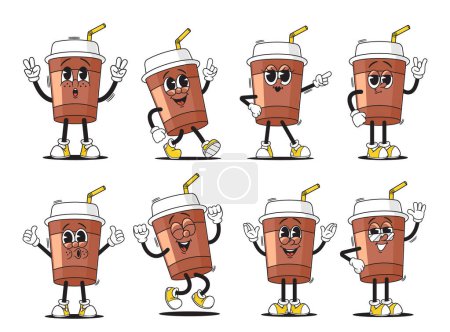 Cartoon Retro Coffee Drink Groovy Character Isolated Vector Set. Skurrile Einweg-Kaffeetassen-Persönlichkeiten mit fröhlichen Gesichtsbewegungen, psychedelisch entspannter Funky Vibes und lebhaften Spaßgesten