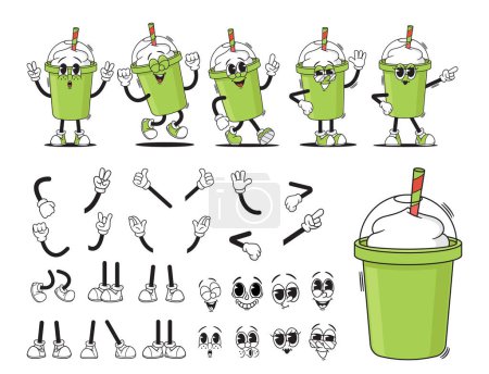 Illustration for Cartoon Groovy Cup Of Milkshake, Frothy Coffee Or Smoothies Drink Character Creation Kit. Vector Retro Hippie Plastic Mug Personage Animation Collection, Face Emotions, Hand Gestures And Legs Poses - Royalty Free Image