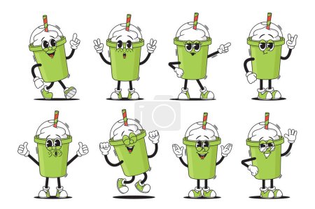 Illustration for Groovy Milkshake, Frothy Coffee or Smoothies Cup Whimsical Character Animation Set. Vector Vibrant, Retro-inspired, Smiling Disposable Mug With Swirling Foam, Dome Lid, Straw And Oozing Coolness - Royalty Free Image