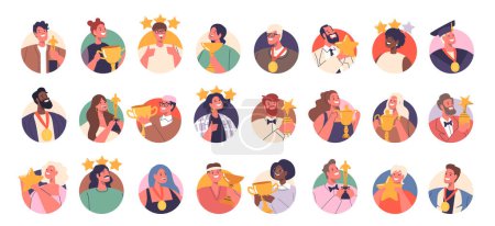 Illustration for Champions With Trophies Avatars. Triumphant Characters, Arms Raised, Clutching Gleaming Cups, Embodying Win, Victory, Success, And The Pinnacle Of Competition. Cartoon People Vector Illustration - Royalty Free Image