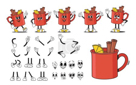 Téléchargez les illustrations : Cartoon Red Groovy Cup Of Tea Drink Trousse de création de personnage. Boisson Hippie vectorielle rétro, Personnage de tasse en porcelaine avec tranche de citron et bâtons de cannelle Émotions du visage, gestes de la main et jambes Poses - en licence libre de droit