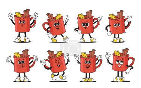 Ilustración de Juego de animación caprichoso con té o taza de café que bailan y se mueven. Colección vectorial de taza de porcelana roja con rodaja de limón y palitos de canela baila en ritmos de música de fiesta de discoteca retro - Imagen libre de derechos