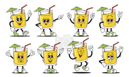 Illustration for Groovy Cocktail Cup Character Vibrant Animation Set. Cartoon Glass with Umbrella, Straw and Retro Flair, Sporting Psychedelic Smile And A Playful Demeanor, Evoking A Fun-loving, Party Atmosphere - Royalty Free Image