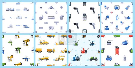Illustration for Seamless Pattern Featuring Technical Items, Hydrogen Production Industry, Construction Tools and Machinery. Vector Technological Tile Backgrounds With Tanks and Trucks, Snow Removal Machines, Pos - Royalty Free Image