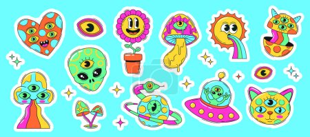 Illustration for Psychedelic Stickers Collection. Ufo, Alien Head, Cat and Heart. Hallucinogenic Mushroom, Planet with Snake, Eye, Daisy Flower with Vomit Cloud or Sun. Surreal Patches Pack Cartoon Vector Illustration - Royalty Free Image
