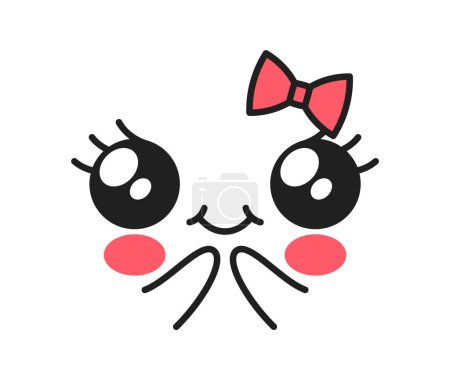 Kawaii Nettes Mädchen Gesicht Emoji mit einer Schleife, große, runde Augen, kleiner Mund mit einem Lächeln oder erröten und rosige Wangen. Süßer Gesichtsausdruck, der Unschuld und Charme ausstrahlt. Zeichentrickvektorillustration