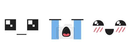Ilustración de Kawaii infeliz, llorando o tímido Emojis cara característica grande, cuadrado, brillantes ojos expresivos, lágrimas, sonrojando mejillas, encarnando una emoción encantadoramente tenue o Bashful. Ilustración de vectores de dibujos animados - Imagen libre de derechos