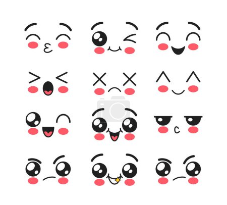 Karikatur Kawaii Emojis, die Wärme und Unschuld vermitteln. Niedliche bezaubernde Gesichter mit großen, funkelnden Augen, errötenden Wangen, fröhlichen oder traurigen Ausdrücken rufen Freude und Verspieltheit hervor. Vektorillustration