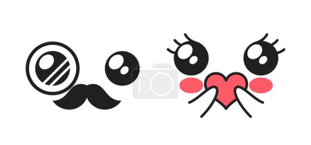 Téléchargez les illustrations : Kawaii Gentleman And Girl Face Emojis. Visages adorables aux yeux larges et étincelants, aux sourires doux et aux joues rougissantes, à la personnalité charmante et mustachée et à la fille au cœur. Illustration vectorielle de bande dessinée - en licence libre de droit