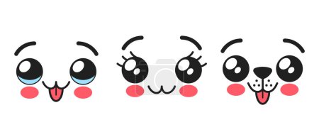 Téléchargez les illustrations : Kawaii Animal Face Emojis, Adorable et expressif animaux mignons comme le chat ou le chien, muselières aux grands yeux, langues collantes et expressions gaies. Illustration vectorielle de bande dessinée - en licence libre de droit
