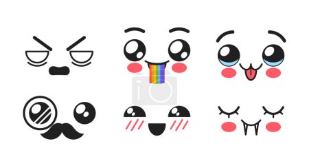 Ilustración de Kawaii Facial Expressions, Emojis Set. Enojado, hinchado con arco iris, sonrisa, caballero bigote con monóculo, tímido y vampiro dormido con colmillos. Emociones de personajes dulces. Ilustración de vectores de dibujos animados - Imagen libre de derechos