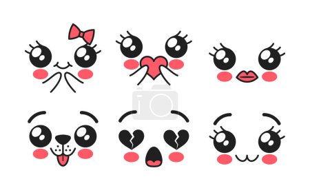 Kawaii Cute Face Emojis, entzückende Gesichtsausdrücke mit großen, funkelnden Augen, errötenden Wangen, kleinen, geschwungenen Mündern und Lippen, Herzen, strahlender Unschuld und Freude. Zeichentrickvektorillustration