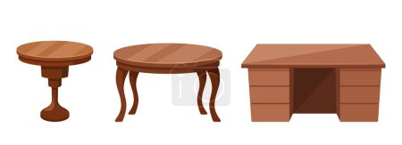 Illustration for Vector Wooden Tables. Oval Dining Table Anchor Family Meals With a Sturdy Charm, Work Table Foster Productivity With A Solid, Spacious Surface And Round Coffee Table Add A Cozy Touch To Living Space - Royalty Free Image