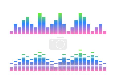 Símbolos de onda de sonido. Música, audio y comunicación Forma de onda, frecuencia y volumen en una forma abstracta, tecnología reflectante y expresión musical. Ecualizador Gráficos digitales. Ilustración vectorial