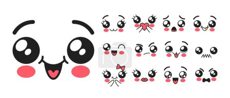 Ilustración de Característica de Kawaii Emojis Expresiones adorables, como caras sonrientes con mejillas rosadas, corazones, animales lindos y símbolos vibrantes, evocando un sentido de calidez y felicidad. Ilustración de vectores de dibujos animados - Imagen libre de derechos