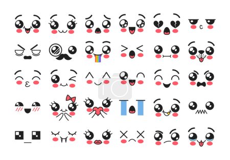 Ilustración de Kawaii Emojis, caras lindas expresivas adorables, transmiten afecto, felicidad y alegría, con ojos grandes y brillantes, mejillas rosadas y boca sonriente con un leve rubor. Ilustración de vectores de dibujos animados - Imagen libre de derechos