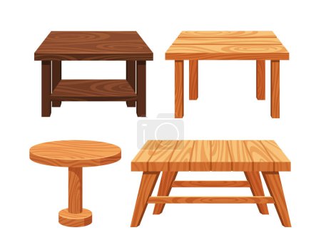 Illustration for Wooden Tables in Rustic Style, Crafted From Natural Wood, Exude Warmth And Durability, Serving As Versatile Centerpieces For Indoor or Outdoor Dining, Working, Or Socializing. Vector Illustration - Royalty Free Image