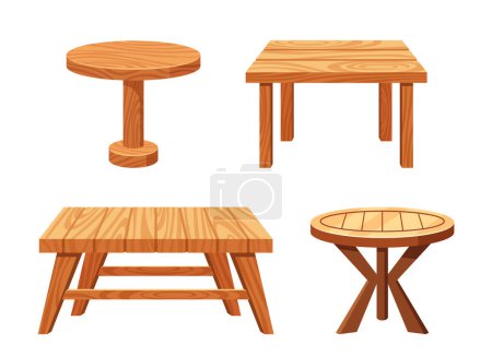 Téléchargez les illustrations : Ensemble vectoriel de tables en bois, intemporelles et robustes, elles servent à la fois des buts fonctionnels et esthétiques. Fabriqué à partir de divers bois, meubles morceaux de simples, dessins minimalistes, formes rondes ou carrées - en licence libre de droit