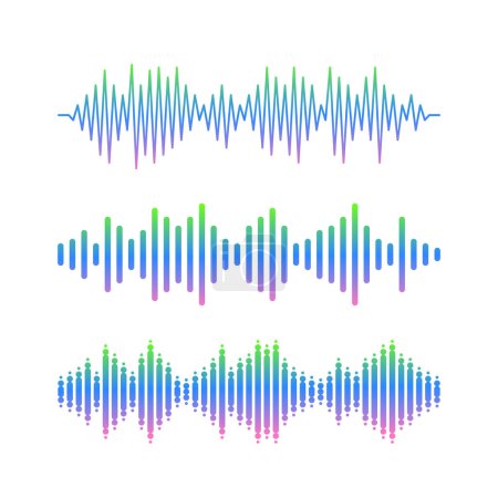 Schallwellen-Symbole repräsentieren Musik, Wellenform und Audio. Abstrakte Frequenzpulssignale, Indikative Lautstärke, Verkörperung der Essenz der Technologie und des musikalischen Ausdrucks. Vektorillustration