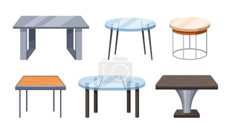 Téléchargez les illustrations : Les tables de cuisine modernes caractérisent des conceptions élégantes avec des matériaux comme le verre, le bois ou le métal, donnent la priorité à la fonctionnalité et à l'esthétique, incorporant des économies d'espace ou la multifonctionnalité pour les espaces de vie - en licence libre de droit