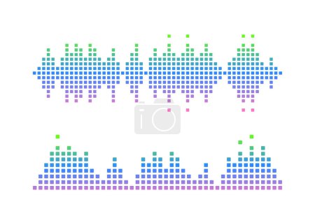 Illustration for Sound Wave Symbols Embodies An Abstract Representation Of Audio Frequencies, Visualizing Music, Voice, Or Any Sound As Pulsating Lines with Colorful Pixels, Technology And Digital Music Interfaces - Royalty Free Image