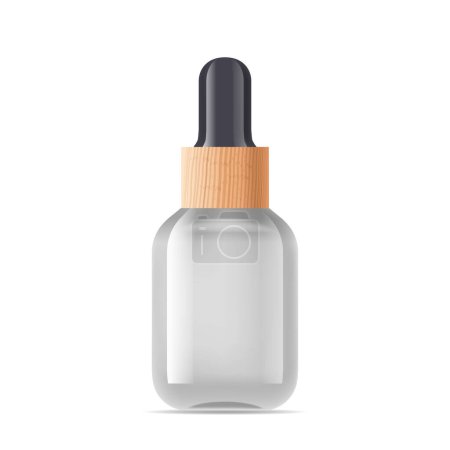 Schlanke, transparente Glaskosmetikflasche, die mit einem präzisen Pipettenapplikator ausgestattet ist, ideal zum Auftragen von Seren oder Ölen in kontrollierten, hygienischen Tropfen zur Hautpflege. Realistische 3D-Vektor-Attrappe