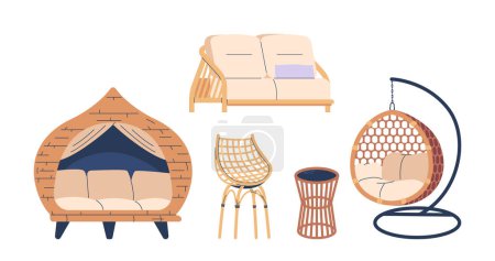 Garden Outdoor Furniture Set. Hanging Egg-Shaped Chair, Patio Daybed, Sofa, Wicker or Rattan Chair and Armchair. Elegant Furniture For Rest and Relaxation in the Backyard or Barbeque. Cartoon Vector