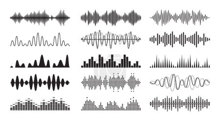 Ilustración de Ondas de sonido Conjunto de símbolos monocromáticos. Forma de onda musical, frecuencia de audio, volumen y pulso. Las ondas de color blanco y negro simbolizan la esencia de la tecnología de sonido digital y electrónico. Ilustración vectorial - Imagen libre de derechos
