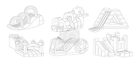 Illustration for Inflatable Trampoline And Slides Outline Monochrome Icon Set. Air-filled Castle or Dragon Structure for Bouncing And Sliding Fun. Safe, Portable Playground For Children Recreation. Vector Illustration - Royalty Free Image