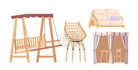 Conjunto de muebles de jardín al aire libre, zona de picnic. Vector Asiento de banco oscilante acogedor, Gazebo con cortina, silla de ratán o sillón y sofá para el patio trasero, relajación y ocio. Elementos en Estilo Boho Elegante