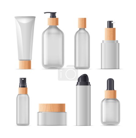 Illustration for Set of Cosmetic Bottles In Various Shapes And Sizes. 3d Vector Mockups For Showcasing Branding And Packaging Designs With Realistic Detail And Customization Options. Glass Flasks, Cream Tubes and Jars - Royalty Free Image