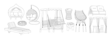 Illustration for Garden Furniture Isolated Outline Monochrome Vector Icons Set. Backyard Elements, Summer Terrace And Patio Outdoor Lounge Items for Relaxation. Tables And Chairs, Swing, Egg Chair, And Gazebo Tent - Royalty Free Image