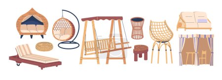 Ilustración de Tipos de muebles de jardín. Elementos del patio trasero, terraza de verano y patio Artículos de salón al aire libre para relajarse. Objetos modernos del parque, mesas y sillas de madera, oscilación, silla del huevo, y tienda de Gazebo, sistema de vectores - Imagen libre de derechos