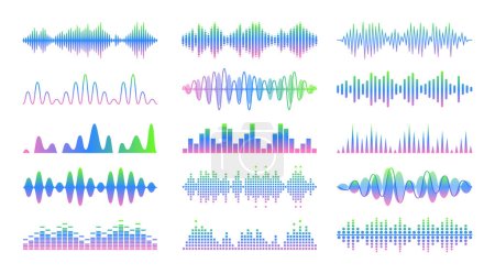 El conjunto de símbolos de onda de sonido representa la música, la forma de onda y la frecuencia de audio, el volumen y el pulso. Las ondas de colores neón simbolizan la esencia de la tecnología de sonido digital y electrónico. Ilustración vectorial