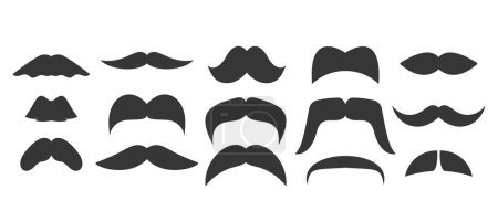 Ilustración de Varios tipos de bigote incluyen el Chevron clásico, el manillar Suave, la herradura resistente y el inglés refinado. Cada estilo muestra individualidad, personalidad y opciones de aseo, siluetas negras - Imagen libre de derechos