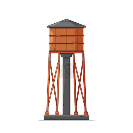 Ilustración de Torre de agua, alta, estructura elevada diseñada para almacenar y distribuir agua para uso municipal o industrial. Almacenamiento de metal con techo cónico para reserva de recursos hidráulicos. Ilustración de vectores de dibujos animados - Imagen libre de derechos