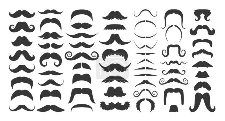 Mustache Types Black Silhouette Vector Icons Set. Handlebar, Chevron, Dali and Fu Manchu, Horseshoe, Imperial, Pencil, Walrus, And English-style Diverse Whiskers Collection Popular In Grooming Culture