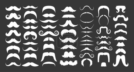 Illustration for Mustache Types White Silhouette Vector Icons Set. Handlebar, Chevron, Dali and Fu Manchu, Horseshoe, Imperial, Pencil, Walrus, And English-style Diverse Whiskers Collection Popular In Grooming Culture - Royalty Free Image