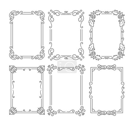 Illustration for Vintage Linear Frames. Classic Vector Antique Borders, Design Elements With Intricate Lines And Curves, Perfect For Adding Elegance And Charm To Projects Or Graphic Composition. Vector Illustration - Royalty Free Image