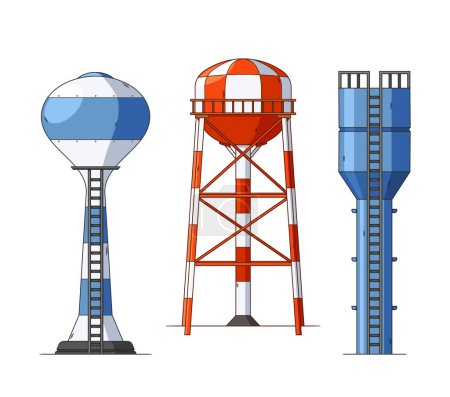 Illustration for Water Towers Buildings, Tall Containers or Tanks Used To Store And Regulate Water Pressure In Urban Areas. They Rely On Gravity To Distribute Water To Homes And Businesses. Cartoon Vector Illustration - Royalty Free Image